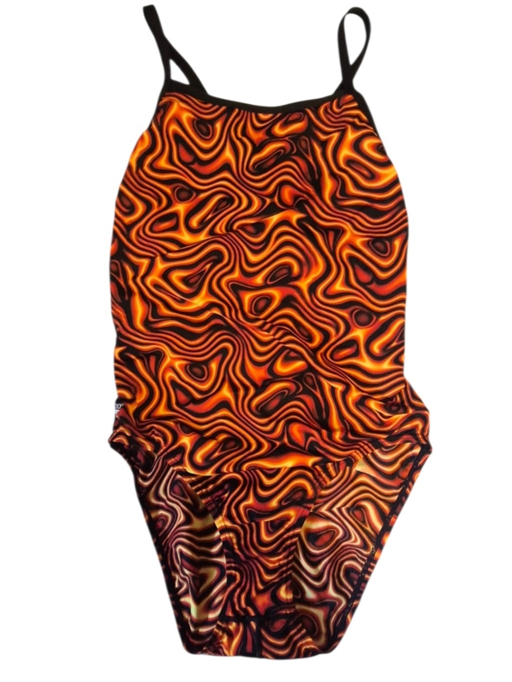 Speedo Racer Back Swirl Print Orange Black One-Piece Swimwear, Sz 14